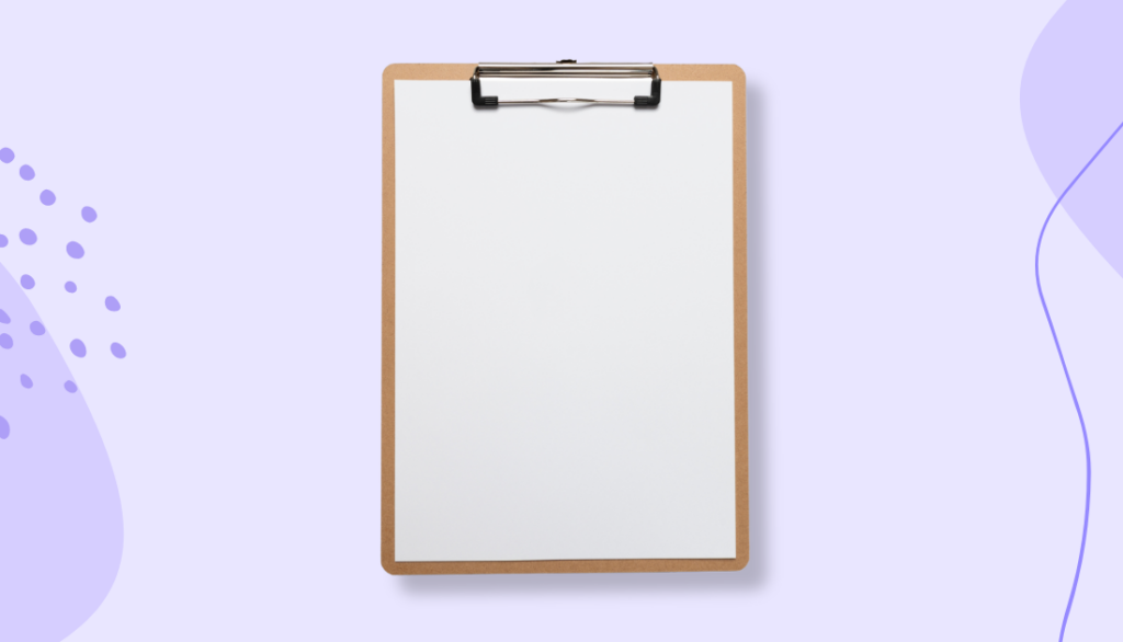 Clipboard on a purple background with a blank white piece of paper.