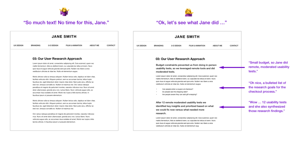 Side by side view of two web pages. At left, the web page a large block of text, all same font size. At right, the page has text that's broken up into small paragraphs, has headlines, and bulleted lists, making it far easier to read.