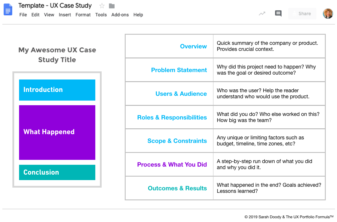 A rectangle divided into 3 sections to show how a UX case study should be divided up: Introduction, Process, and Conclusion