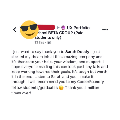 Career Foundry student hired after doing The UX Portfolio Formula
