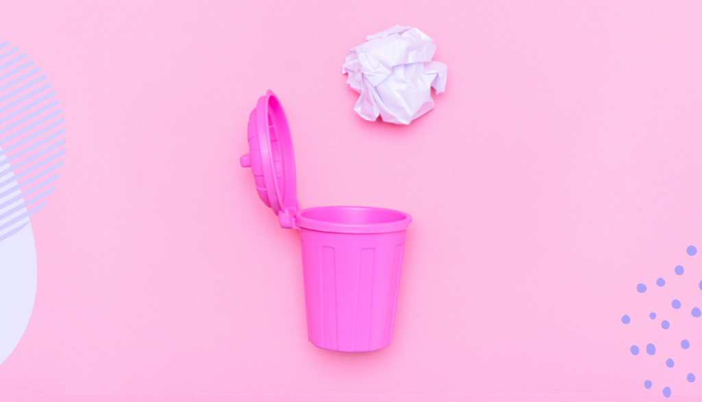 A graphic that shows a piece of crumpled up paper falling into a neon pink trash can.