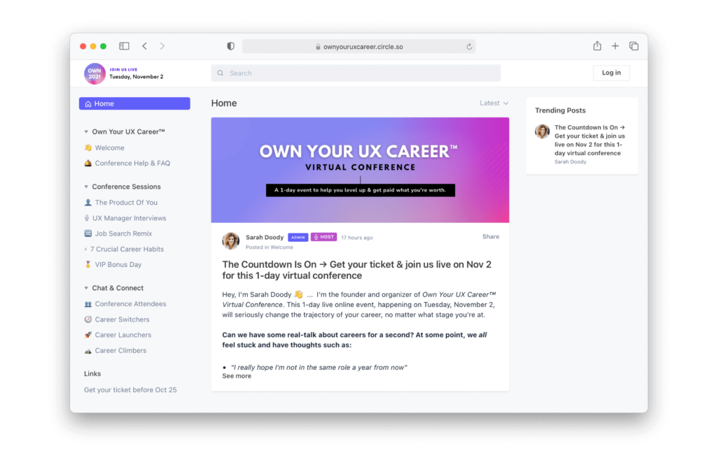 Screenshot of the pop-up community for the Own Your UX Career Virtual Conference