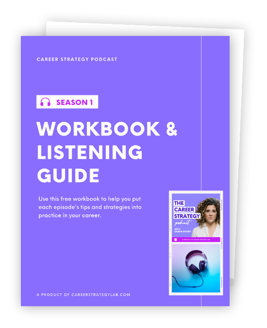 A purple workbook with white text that says "Workbook & Listening Guide" with a picture of Sarah Doody and some black headphones.