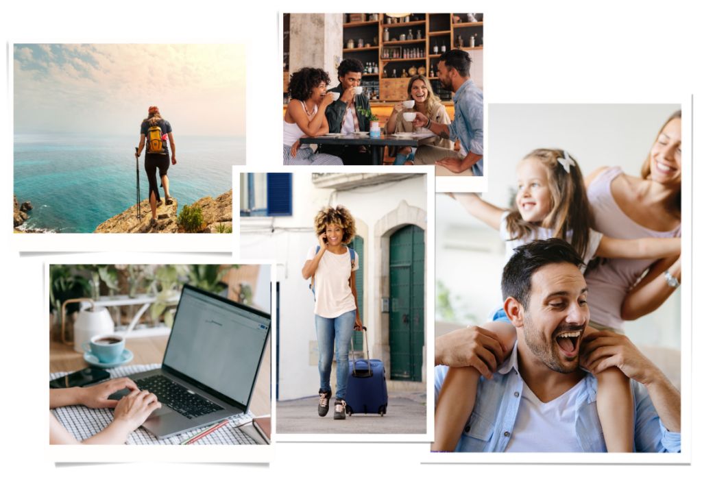 Collage of people enjoying life such as a woman hiking, a woman with a suitcase on a solo trip, people hanging out at a coffee shop, and a family smiling at the beach.