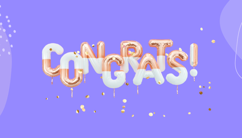 The word Congrats spelled out with white and gold balloons, floating on a purple background.