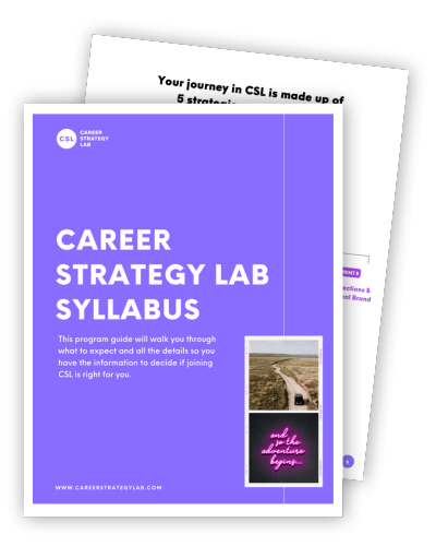 Cover of the Career Strategy Lab Syllabus: A book cover with purple background that says "Career Strategy Lab Syllabus"