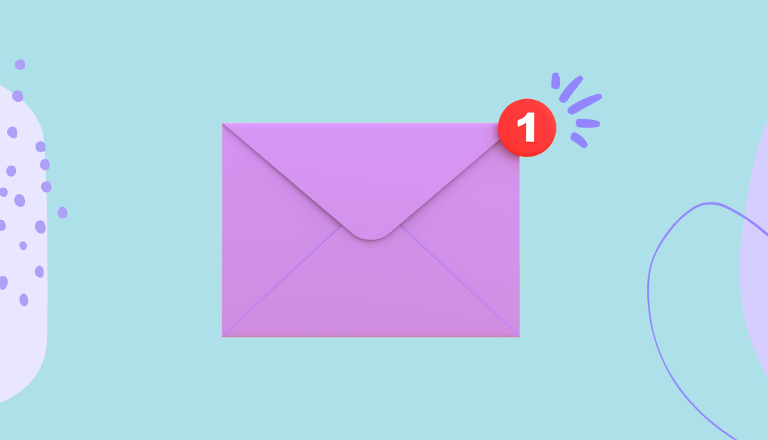 Purple envelope to represent an email with a red circle at top right, inside the red circle is a 1 to indicate 1 new message.