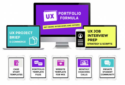 A computer monitor, laptop, ipad, and iphone showing all the resources included in the UX Portfolio Formula including a UX portfolio templates, interview prep in a weekend, and UX project briefs.